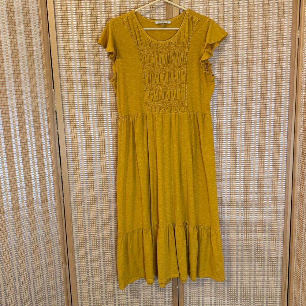 Downeast Mustard Yellow Smocked Ruffle Sleeve Tiered Midi Dress Womens Medium